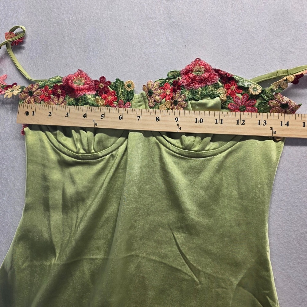 Princess Polly Green Satin Floral Embroidered Bustier Mini Dress Sage US 4 fairy - Picture 6 of 10